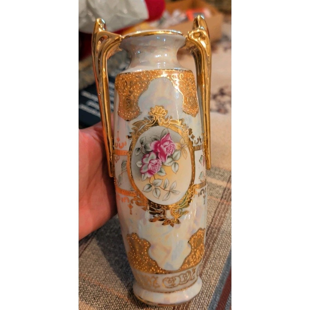 Vintage Floral Double Handle Porcelain Vase Gold Trim Iridescent Limoges China